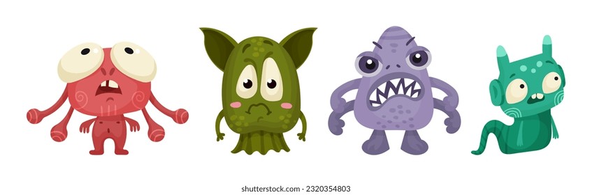 Cute Little Monsters with Horns and Big Eyes Expressing Emotion Vector Set