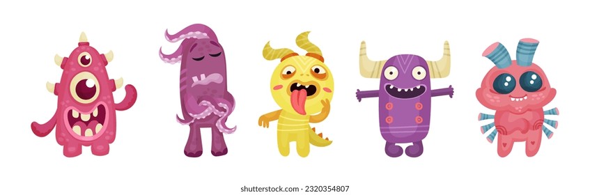 Cute Little Monsters with Horns and Big Eyes Expressing Emotion Vector Set