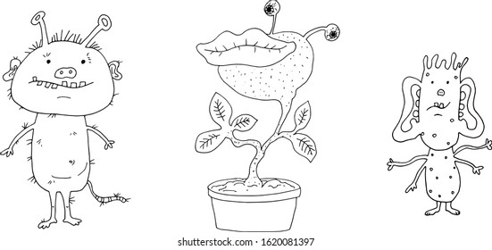 Cute little monsters. Kawaii style. Hand drawn. Sketch, line art. Good for card print, poster, children coloring book	