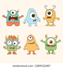 Cute Little Monsters set with different eyes. Cheerful happy face emotions. Cartoon monsters outline. Vector illustration. 