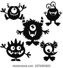 Cute little monsters silhouettes vector cartoon illustration