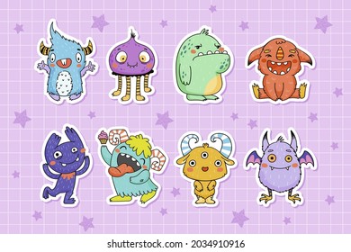 Cute little monsters sticker collection for kids in hand drawn style