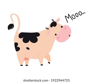 Cute Little Mooing Cow, Adorable Funny Farm Animal Cartoon Character Vector Illustration