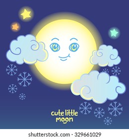 Cute little Moon. Stars, clouds, snow, snowflakes in sky.  Background and elements for web design, posters, flyers, postcards. Vector cartoon character.