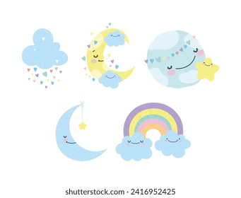 Cute little moons, clouds and a rainbow set vector