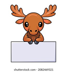 Cute little moose cartoon with blank sign