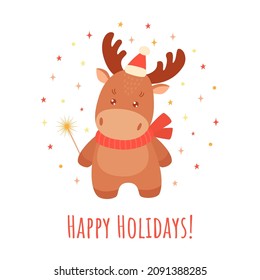 Cute little moose with a sparkler in cartoon style. Christmas animal character for greeting card, poster, invitation. Vector illustration isolated on a white background 