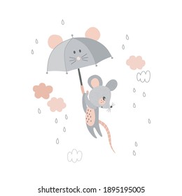 Cute little mouse animal fly in the sky with kawaii umbrella vector illustration isolated on white. Rainy weather graphics for Scandinavian childish nursery design.