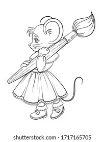 Cute little mouse artist cartoon character coloring page. Monochrome vector illustration.