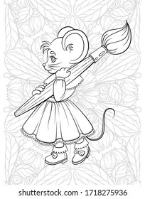 Cute little mouse artist on a patterned background. Cartoon character coloring page. Monochrome vector illustration.