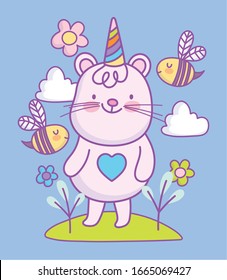 cute little mouse bees party hat rainbow flowers cartoon vector illustration