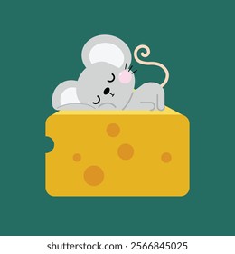 Cute little mouse with big ears lying on a piece of cheese. Cartoon style mice character designed for kids. Vector illustration.