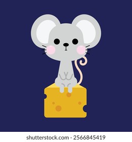 Cute little mouse with big ears sitting on a piece of cheese. Cartoon style mice character designed for kids. Vector illustration.