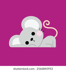 Cute little mouse with big ears lying down. Cartoon-style mice character designed for kids. Vector illustration.