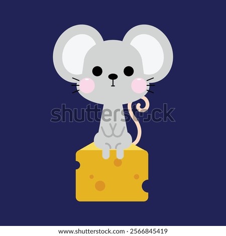 Cute little mouse with big ears sitting on a piece of cheese. Cartoon style mice character designed for kids. Vector illustration.