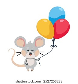 cute little mouse with birthday balloons isolated