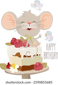 Cute Little Mouse with Birthday Cake. Vector Illustration for Birthday day