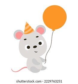 Cute little mouse in birthday hat holding balloon. Cartoon animal character for kids t-shirt, nursery decoration, baby shower, greeting card, house interior. Vector stock illustration