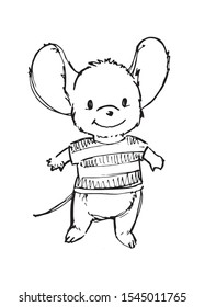 Cute little mouse, black and white graphics. Vector illustration.