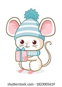 Cute little mouse in a blue Christmas hat is holding a Christmas present. Vector illustration with animal rodent on a white background.