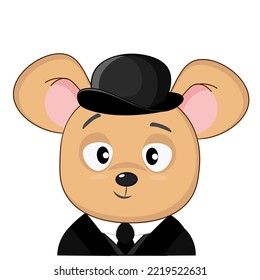 A cute little mouse in a bowler hat and a suit with a tie. Cartoon vector illustration for kids