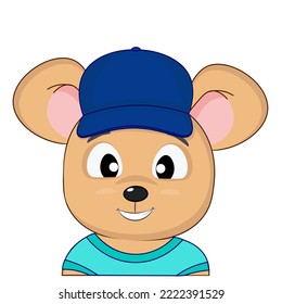 A cute little mouse in a cap and a T-shirt smiles