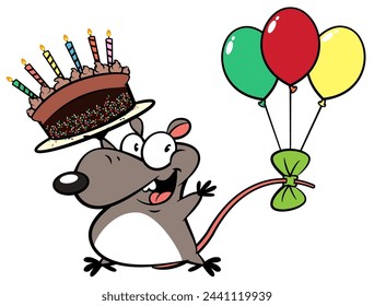 Cute little Mouse cartoon characters carrying a Birthday cake and Balloons tied with ribbons on their tails. Best for wallpaper, greeting card decoration, and background with childhood themes