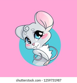 Cute little mouse in cartoon style, shyness emotion, vector illustration. Can be used for baby t-shirt print, fashion print design, kids wear, baby shower celebration, greeting and invitation card.