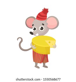 Cute little mouse with cheese. Vector illustration on a white background.
