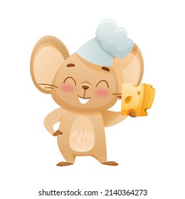 Cute little mouse chef with cheese. Adorable funny baby animal character cartoon vector illustration