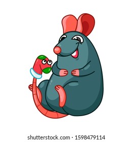 Cute little mouse. Christmas rat with Happy New Year. Vector illustration in cartoon style. Isolated on white background.  