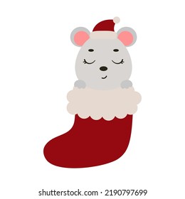 Cute little mouse in Christmas sock. Cartoon animal character for kids cards, baby shower, invitation, poster, t-shirt composition, house interior. Vector stock illustration.