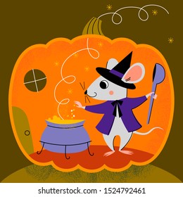 Cute little mouse cooks potion in pot on the eve of Halloween. Mouse is dressed in wizard clothes and hold scoop. Vector illustration retro style