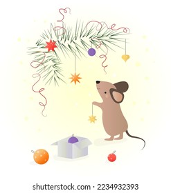 cute little mouse decorates a Christmas tree