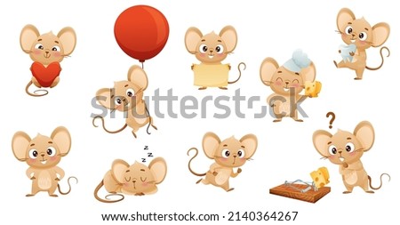 Cute little mouse doing various activities set. Funny brown baby animal character vector illustration