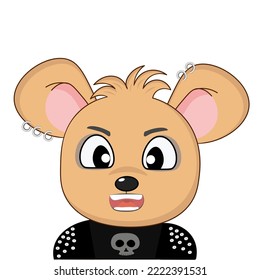 A cute little mouse dressed as a rock star with make-up, piercings and a T-shirt with a skull
