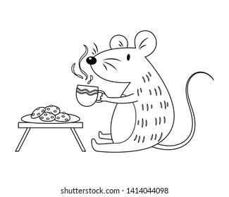 A cute little mouse drinking a cup of coffee and eating cookies. Mouse vector illustration cartoon. A mouse cartoon colorless for coloring page.  