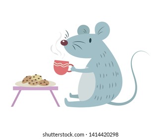 A cute little mouse drinking a cup of coffee and eating cookies. Mouse vector illustration cartoon. A mouse pastel cartoon isolated on white background. 