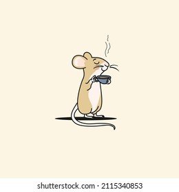A cute little mouse drinking a cup of coffee. Mouse vector illustration cartoon. A mouse pastel cartoon isolated.