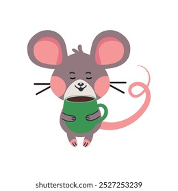 cute little mouse drinking a cup of coffee isolated