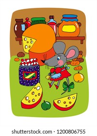 Cute little mouse is eating cheese in the kitchen. Big cheese, apples, jam, honey. Colored vector for card or gift. 