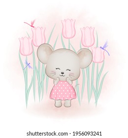 Cute little mouse and and flowers, cartoon animal watercolor illustration