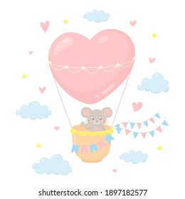 Cute little mouse flying in a heart-shaped hot air balloon. Cartoon character for card, print, invitation. Vector illustration isolated on white background