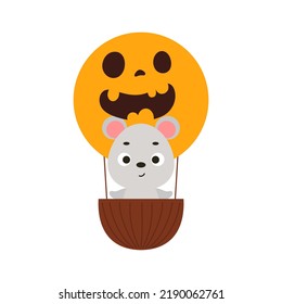 Cute little mouse flying on Halloween hot air balloon. Cartoon animal character for kids t-shirts, nursery decoration, baby shower, greeting card, invitation. Vector stock illustration