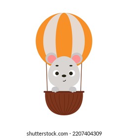 Cute little mouse flying on hot air balloon. Cartoon animal character for kids t-shirts, nursery decoration, baby shower, greeting card, invitation, house interior. Vector stock illustration