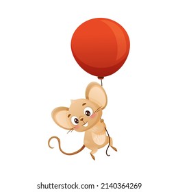 Cute little mouse flying with red balloon. Adorable funny baby animal character cartoon vector illustration