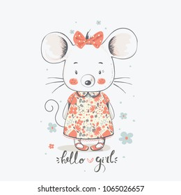 Cute little mouse gilrl. cartoon hand drawn vector illustration. Can be used for baby t-shirt print, fashion print design, kids wear, baby shower celebration, greeting and invitation card.