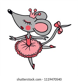 Cute little mouse girl is dancing ballet. Colored vector for card or gift. 