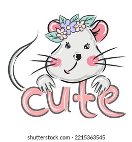 cute little mouse girl with floral wreath with lettering quote Cute. T shirt Graphics.
