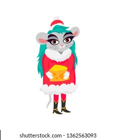 Cute little mouse is a girl in a Santa costume with a big piece of cheese. The symbol of the new Chinese 2020. Holiday card. Vector illustration on white background.